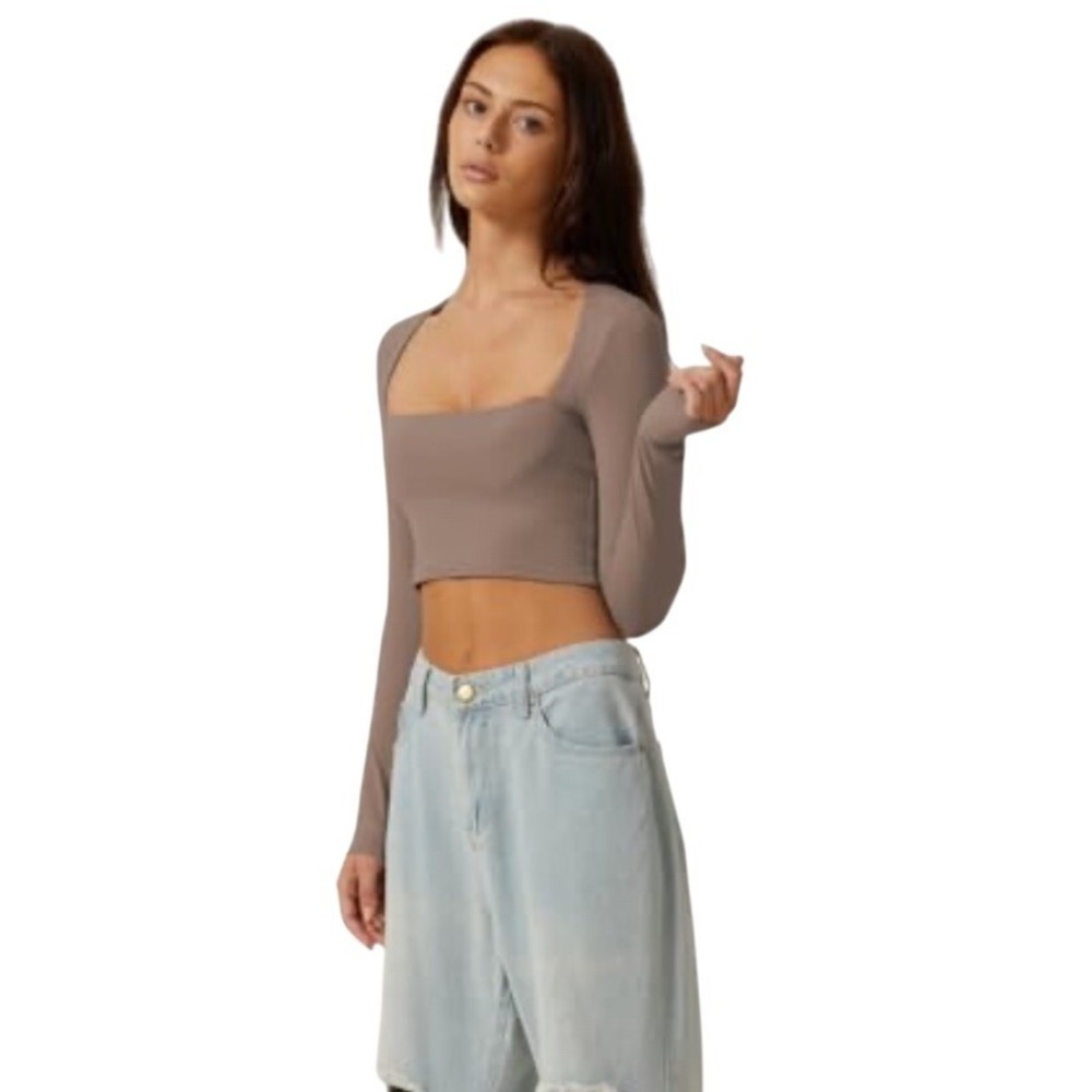 Qinseu Crop‎ Top Square Neck Blouse Long Sleeve Taupe XL Stretch Retro 90s EUC